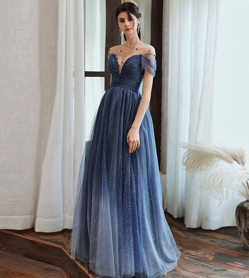 Robe de soirée longue en tulle bleu avec perles 8434