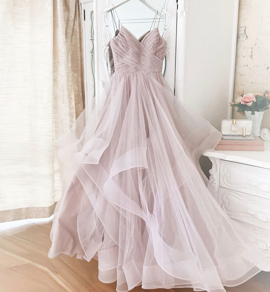 Robe de bal longue en tulle rose, robe de soirée rose 8472