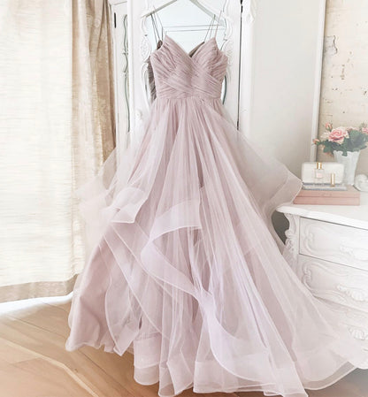 Robe de bal longue en tulle rose, robe de soirée rose 8472