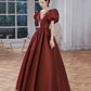 Burgundy v neck satin long prom gown A line formal gown  10212