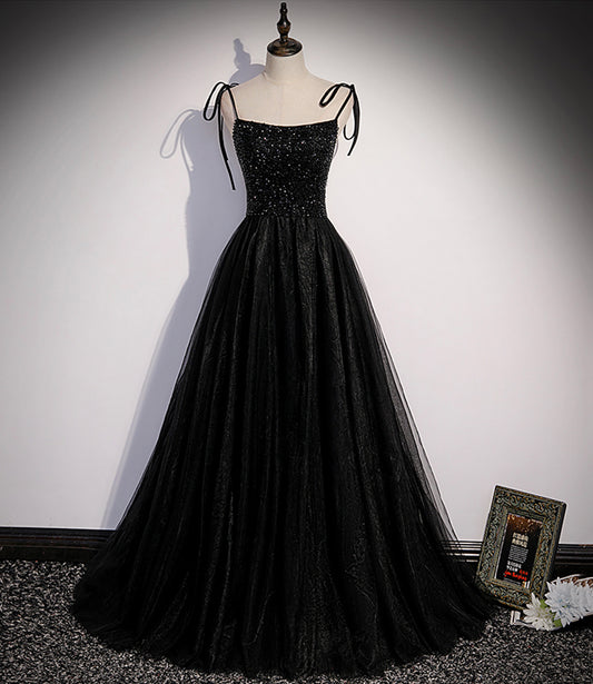 Black tulle beads long prom dress A line evening dress  10500