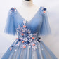Blue v neck tulle long prom gown formal dress  8478