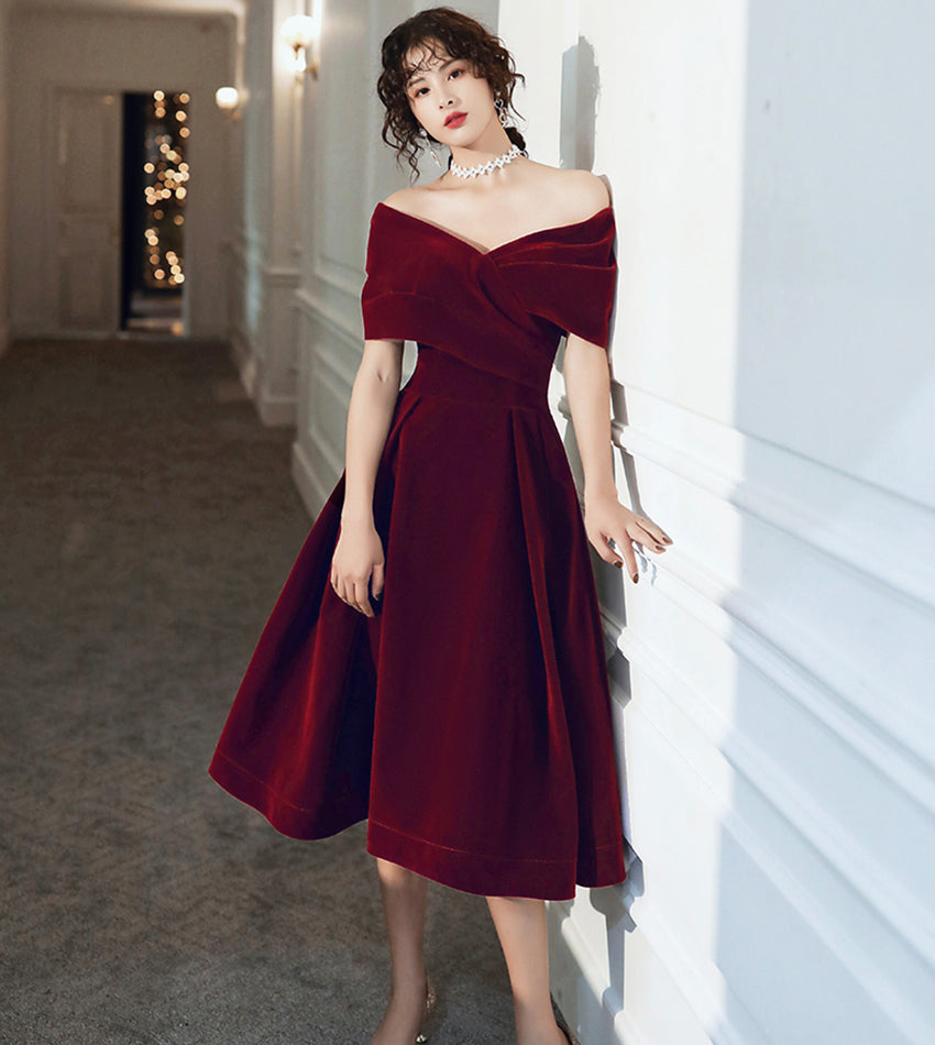 Burgundy velvet short prom dress party dress  8403