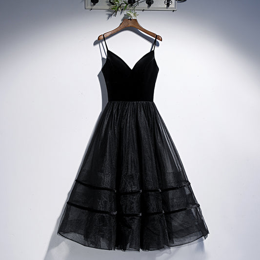 Black v neck tulle short prom dress hoco dress  8269