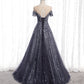 Gray tulle sequins long prom dress A line evening gown  10002