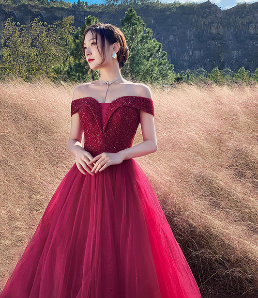 Red tulle beads long prom dress A line evening dress  10307