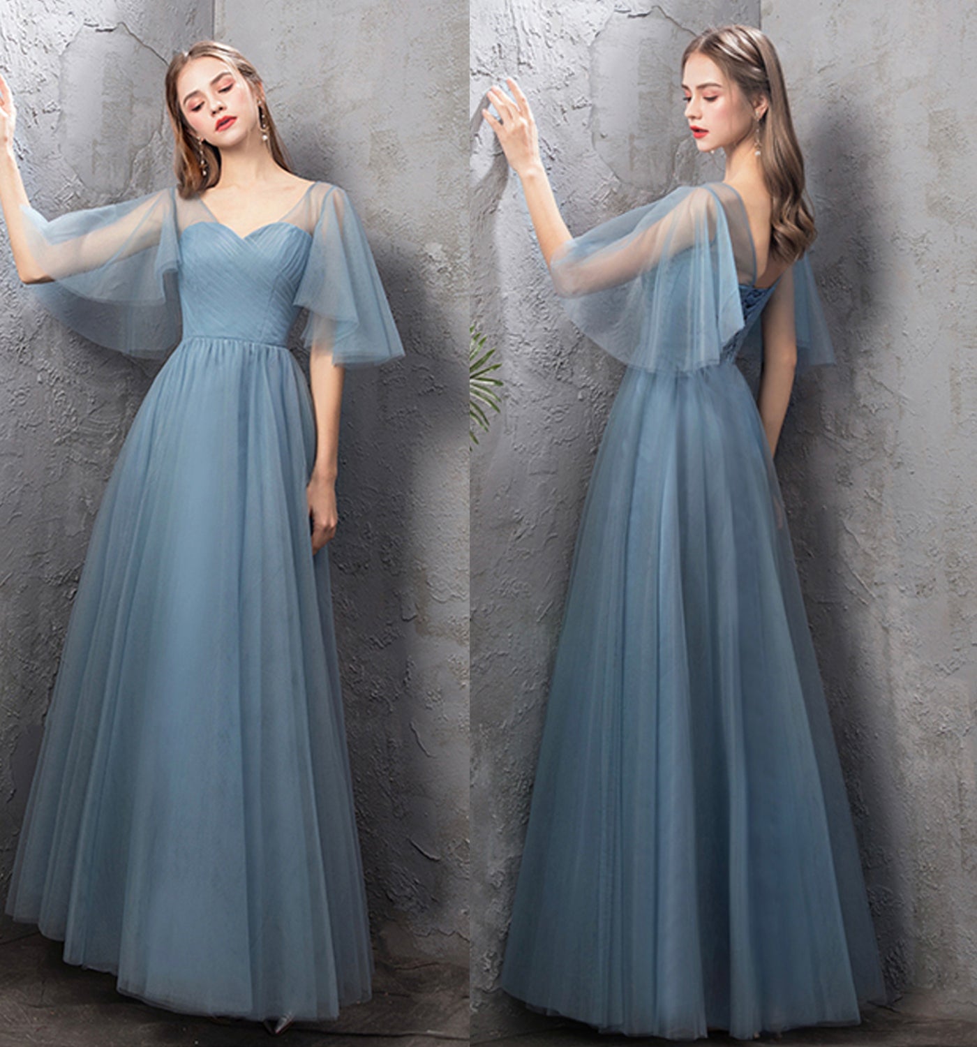 Blue tulle long prom dress A line evening dress  10024