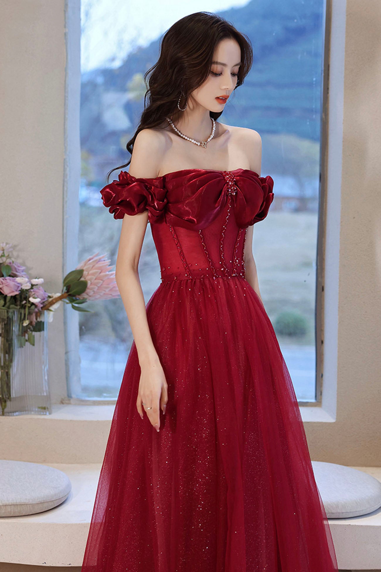 Burgundy tulle beads long prom dress evening dress  10584