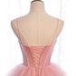 Pink tulle long prom dress A line evening gown  10012