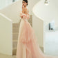 Pink satin tulle long prom dress A line evening dress  10216