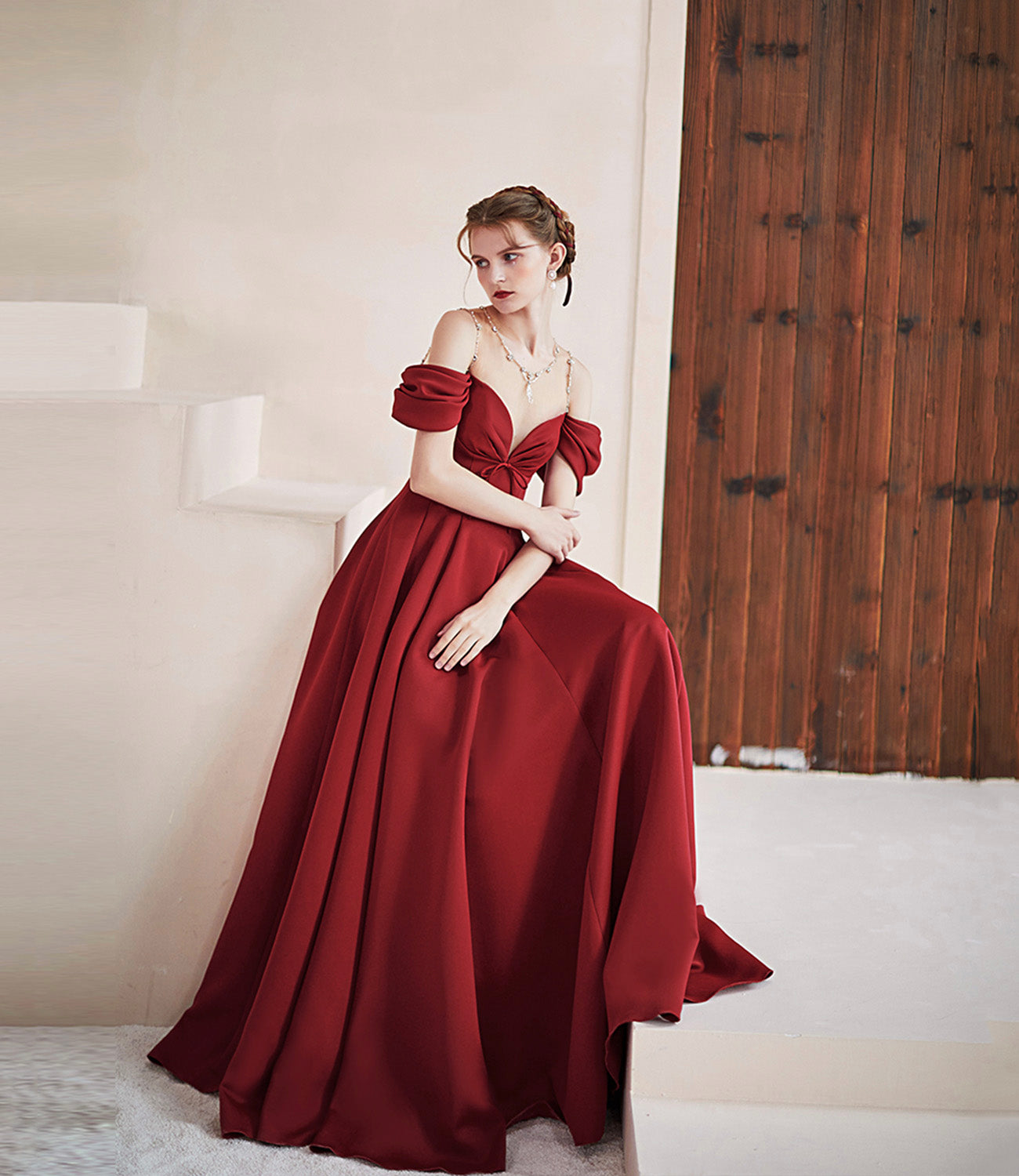 Burgundy satin long prom dress A line evening dress  10578