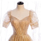 Gold tulle sequins long prom dress evening dress  8428