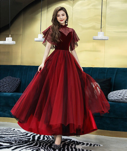 Burgundy velvet tulle prom dress burgundy evening dress  8380