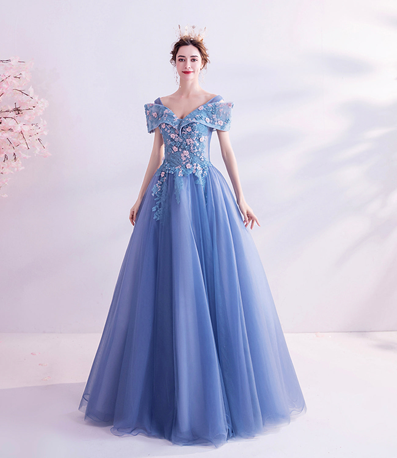 Blue tulle lace long prom dress A line formal dresses  10455