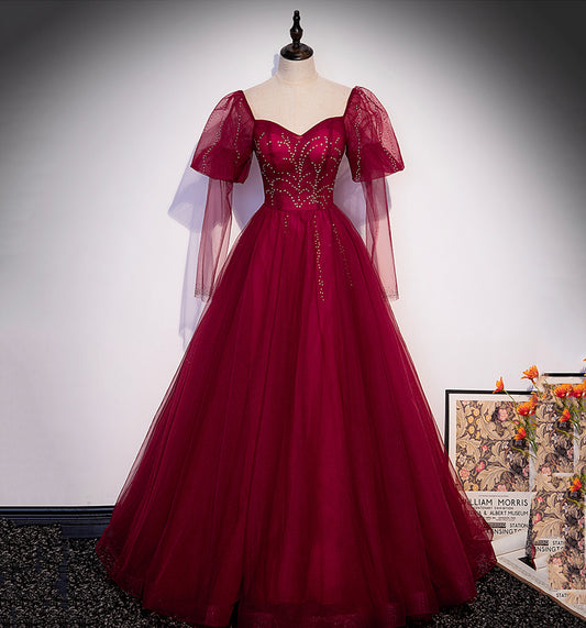 Burgundy tulle beads long prom dress evening gown  10005