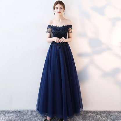 Langes Ballkleid aus blauem Tüll mit Perlen, blaues Abendkleid 8152