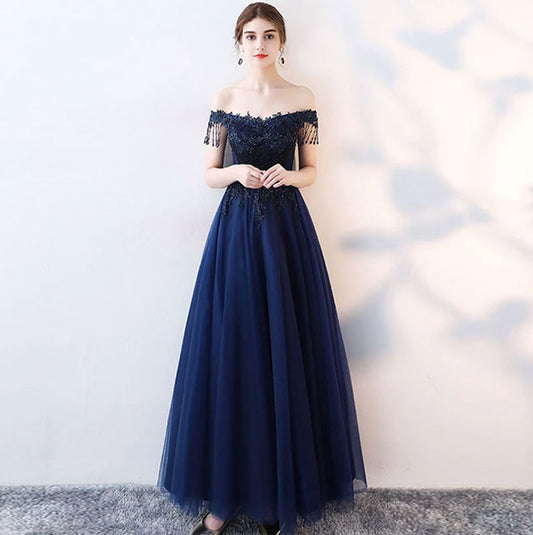 Blue tulle beads long prom dress, blue evening dress  8152