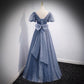 Blue v neck tulle long prom dress blue evening dress  8957
