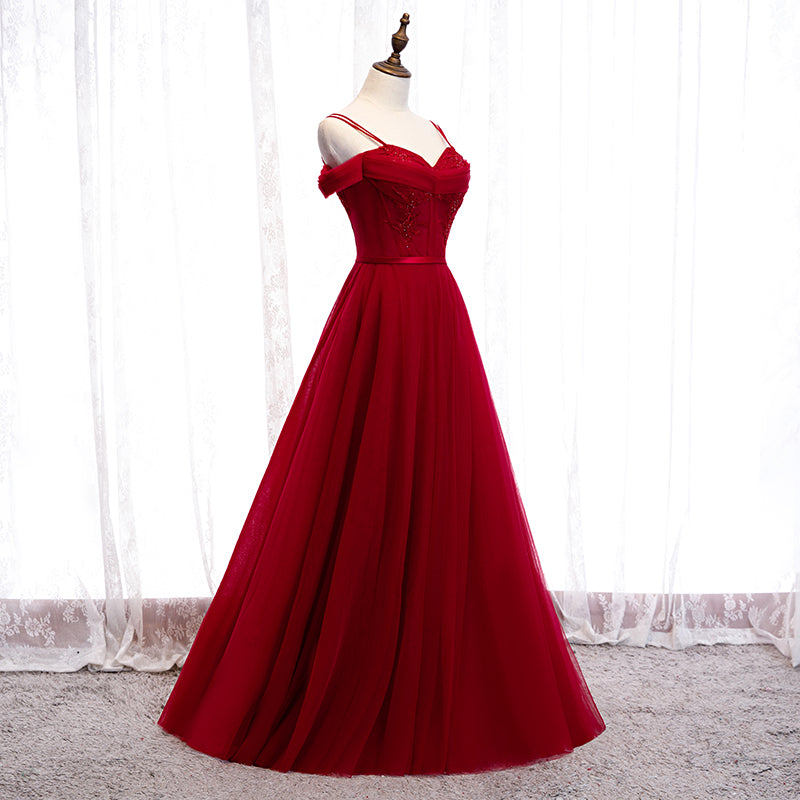 Burgundy tulle long prom dress evening dress  8261