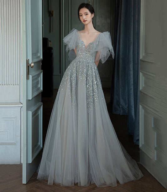Gray tulle sequins long prom dress A line evening dress  10574