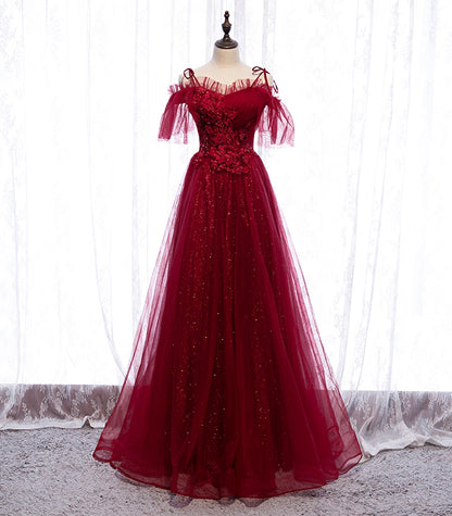 Burgundy tulle lace long prom dress evening dress  8305