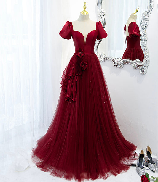 Burgundy satin tulle long prom dress evening dress  10598