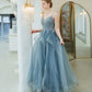 Blue tulle lace long prom dress blue evening gown  10241