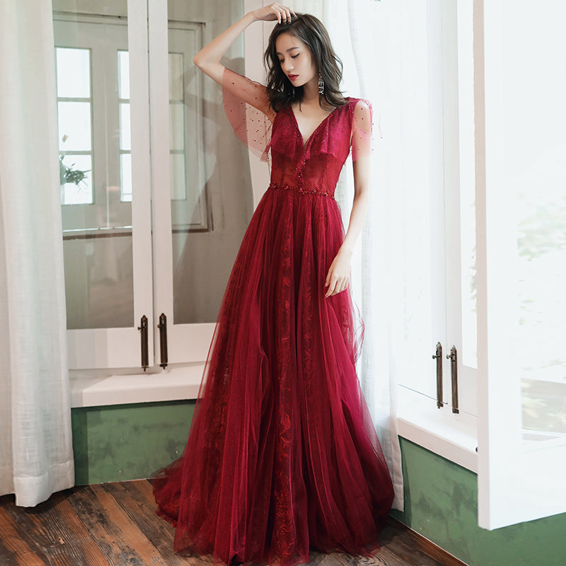 Burgundy tulle long prom dress evening dress  8232