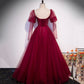 Burgundy tulle beads long prom dress evening gown  10005