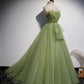 Green tulle long prom dress A line evening dress  10651