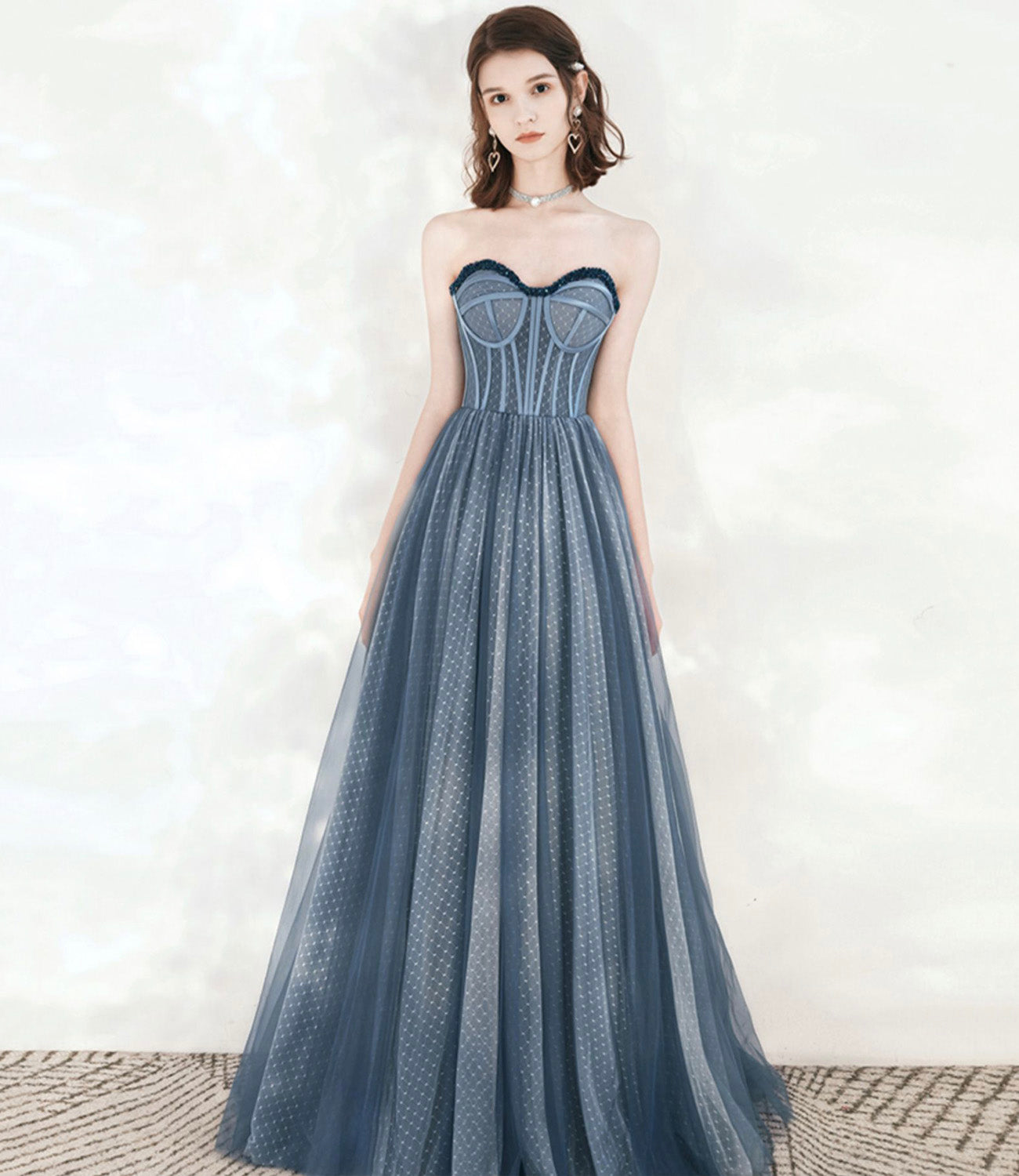 Blue tulle beads long prom dress A line evening dress  10549