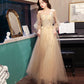 Champagne tulle lace long prom dress A line evening dress  10454
