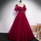 Burgundy tulle beads long prom dress evening gown  10005