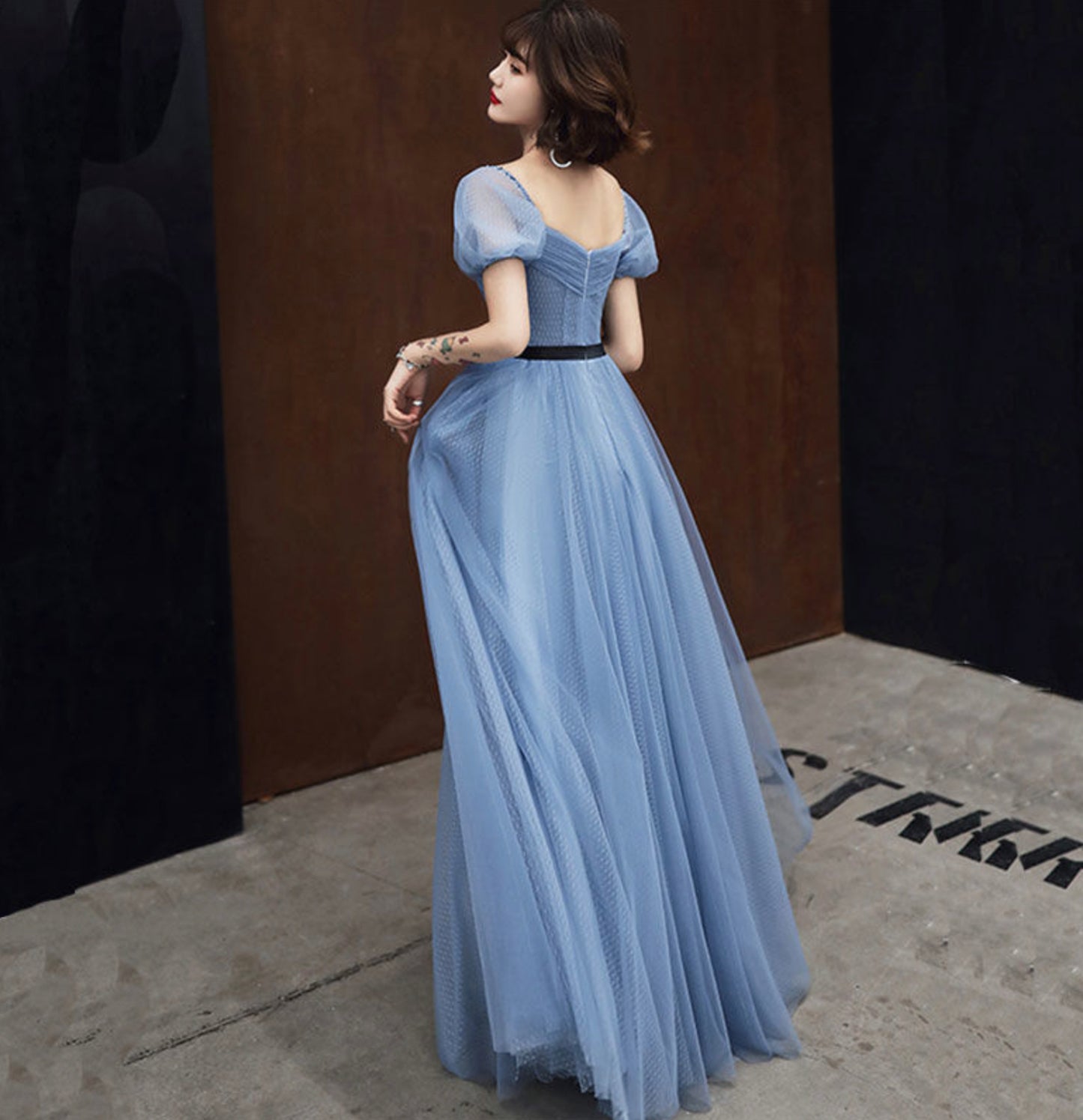 Blue tulle long prom dress blue evening dress  10054