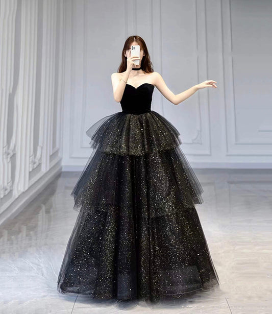 Black velvet tulle long ball gown dress black formal dress  10432