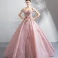 Pink tulle lace long prom dress A line evening gown  10359