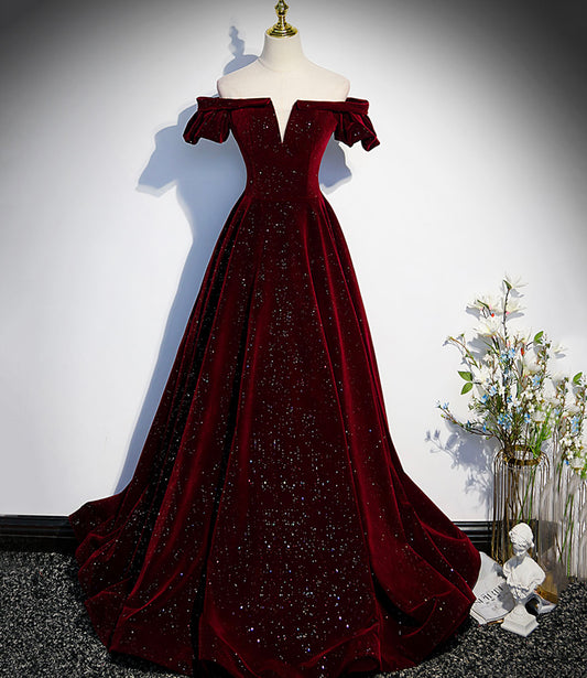 Burgundy velvet long prom dress A line evening gown  10274