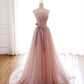 Pink tulle long prom dress pink evening dress  8584