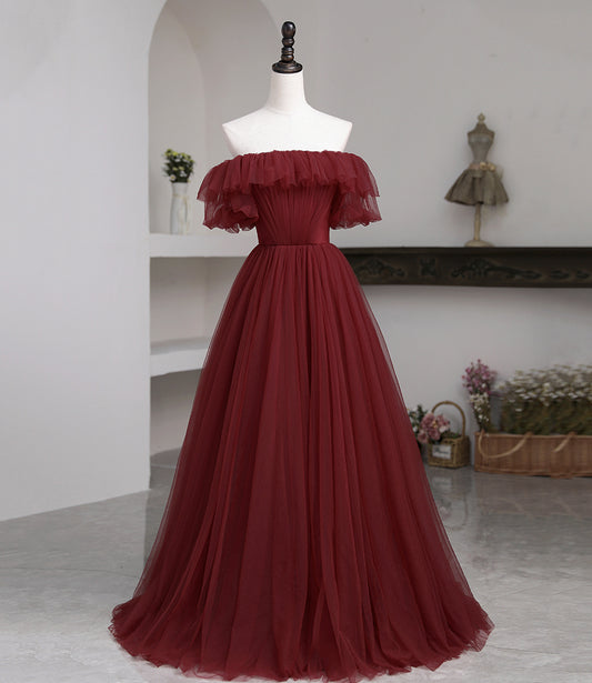 Burgundy tulle long prom dress A line evening dress  10503