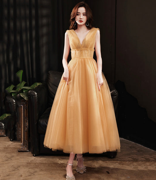 Yellow tulle short A line prom dress yellow evening dress  8933