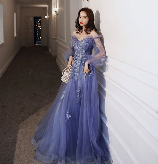 Blue tulle lace long prom dress A line evening gown  10046