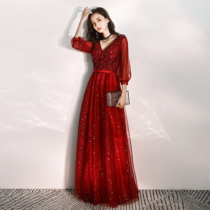 Burgundy lace long prom dress formal dress  8293