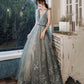 Gray tulle sequins long prom dress evening gown  10121