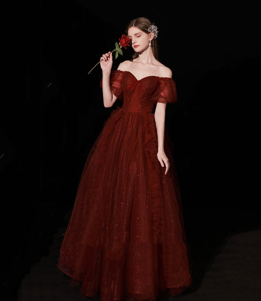 Burgundy tulle long prom dress A line evening gown  10439