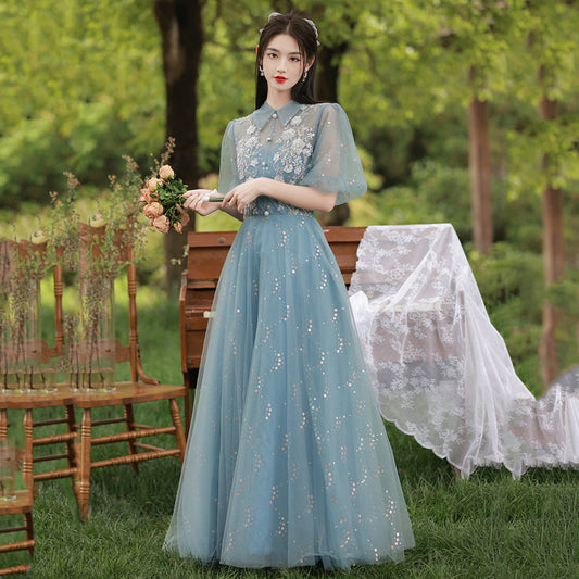 Blue tulle lace long prom dress evening dress  8999