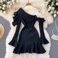 Black One-Shoulder Long-Sleeved Dress Fashion Dress  10871