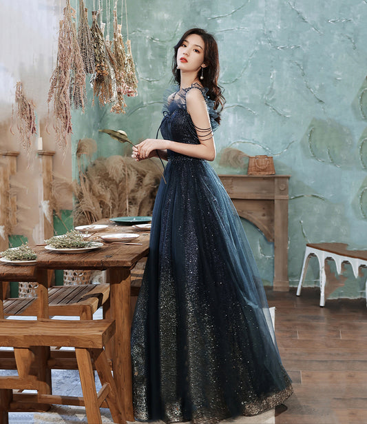 Robe de soirée longue en tulle bleu à paillettes 10253