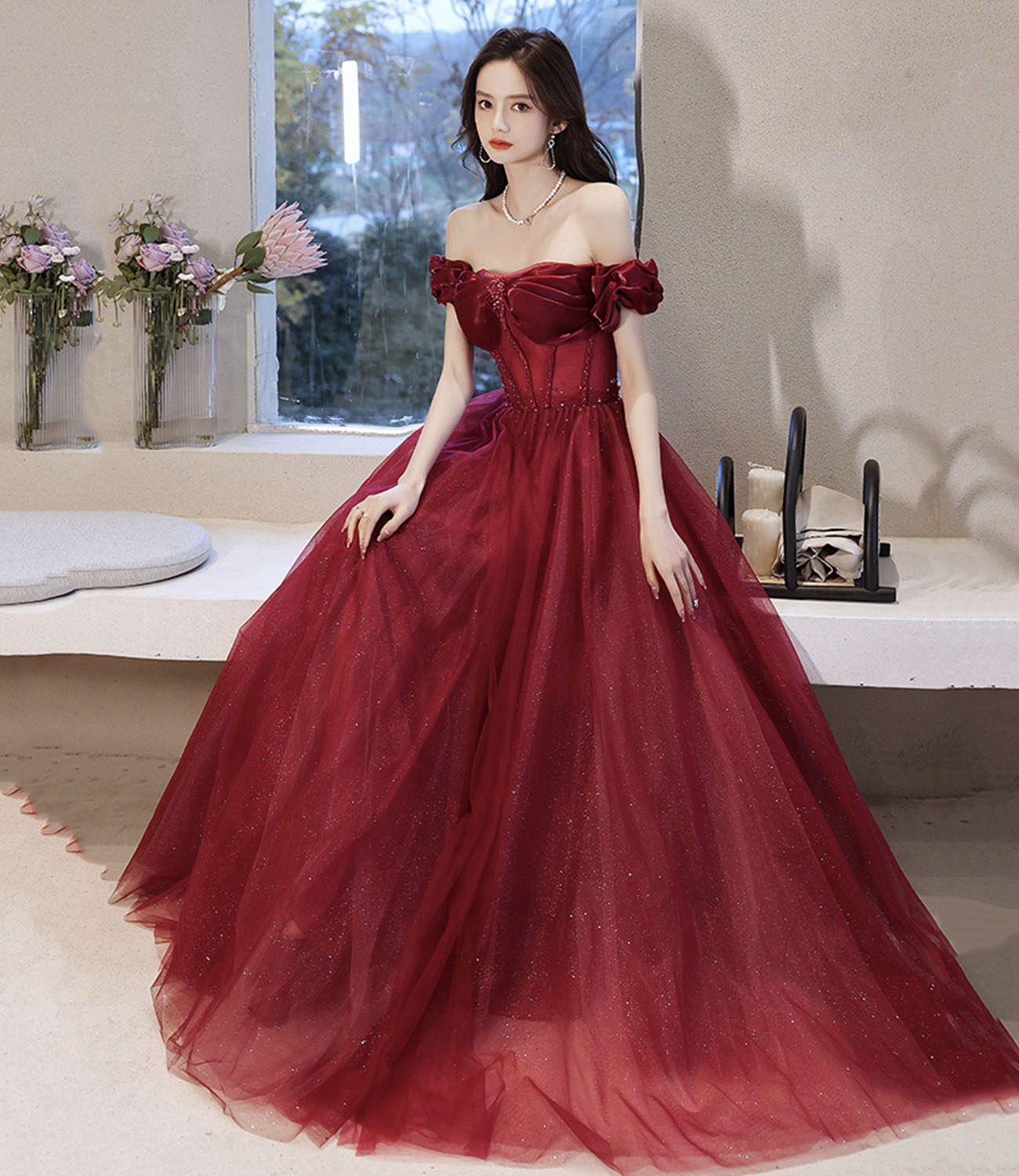 Burgundy tulle beads long prom dress evening dress  10584