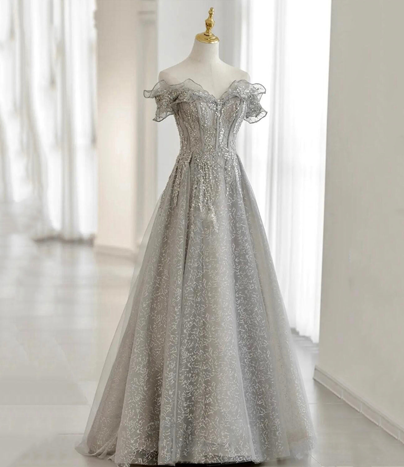 Gray tulle beads long prom dress evening gown  10174