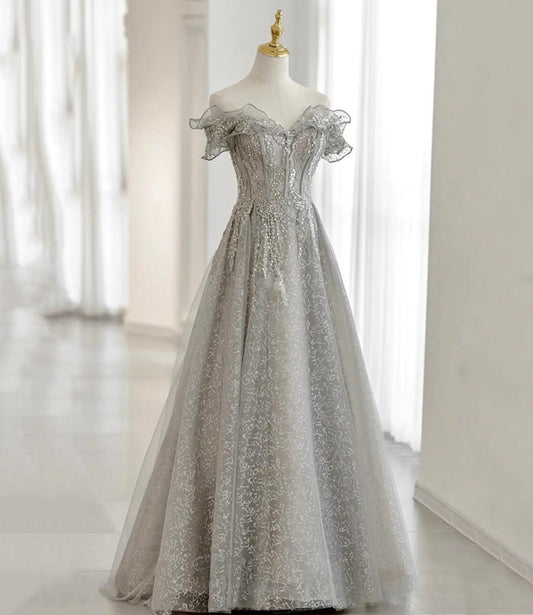 Gray tulle beads long prom dress evening gown  10174